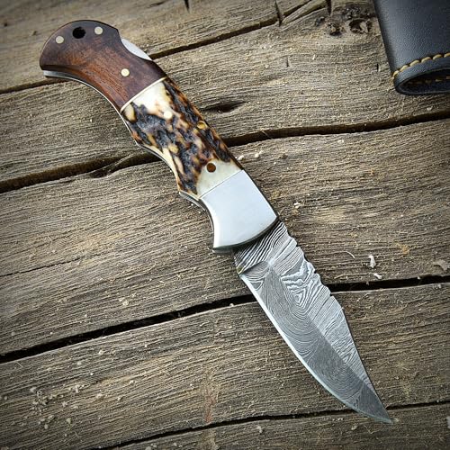 Poshland Steelware Custom Damascus Steel Folding Pocket Knife – Handmade, Compact for Outdoor, Camping, Hiking and Hunting (Brown) - color: Brown