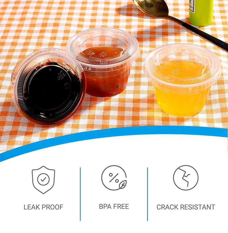 [4 OZ, 100 Sets] Clear Disposable Plastic Portion Cups with Leakproof Lids for Condiment and Dipping Sauce | Jello Shot/Souffle Cups| BPA Free | Recyclable - style: 4 OZ