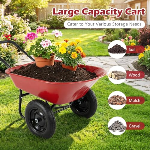 IRONMAX Dual-Wheel Wheelbarrow with All-Terrain Wheels, 220LBS, Red | Heavy Duty Wheel Barrow Gardening Cart, Yard Cart with Built-In Stand for Lawn, Farm & Planting - color: Red
