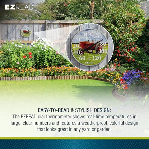 EZREAD Hanging Dial Thermometer 840-1234 Weather Thermometers for Indoor and Outdoor Use, Large 12.5 Inch Diameter, Easy to Read Numbers, Red Tractor - color: Red Tractor
