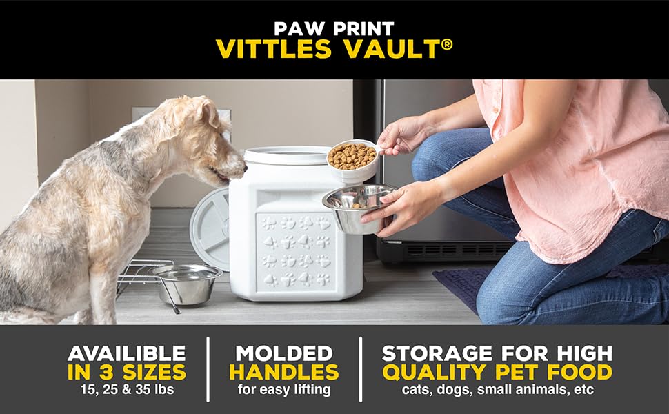 Vittles Vault Airtight Pet Food Storage Container + Scoop, Fits Up to 35lbs | Stores Dog Kibbles, Bird Seed, Oatmeal, Rice, Flour and Cereal in BPA Free Plastic, Sealed Airtight, Made in USA, with Scoop - size: 35 Pounds