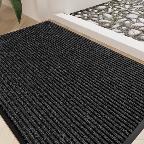 Front Door Mat 35"x23", Heavy Duty Low Profile Door Mat Indoor Entrance, Non-Slip Welcome Matt Outdoor Indoor, Absorbent Dirt & Moisture, All-Weather Commercial Floor Mat for Entryway, Black - color: Black Striped, size: 2' x 3'