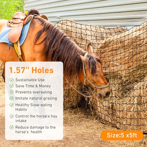 Large Round Bale Hay Net for Horses&Goats-Knotless Slow Feeder Hay | Net with 1.57 Inch Holes, Thick Nylon Mesh for Healthier Feeding of Livestock (5x5ft)