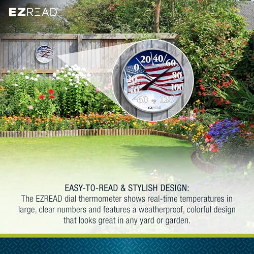 EZREAD Hanging Dial Thermometer 840-1221 Weather Thermometers for Indoor and Outdoor Use, Large 12.5 Inch Diameter, Easy to Read Numbers, American Flag - color: Flag