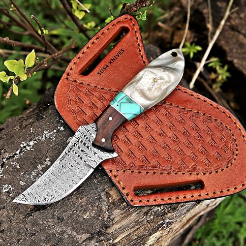 Custom Handmade 7'' fixed blade hoof rasp knife Cow boy knife Turquoise Handle Damascus steel Bull cutter, cowboy knives with pancake leather sheath (RESIN) - color: RESIN
