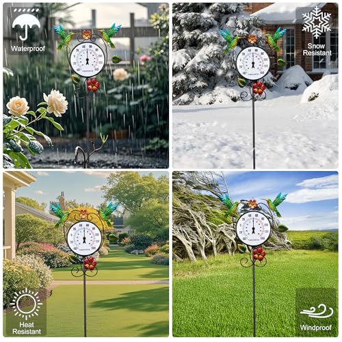 Hummingbird Outdoor Thermometer with 35.7" Stake Waterproof | Hanging Wall Outside Thermometer for Patio Garden Yard Porch Indoor Decor, Easy to Read, No Battery Required - style: Hummingbird
