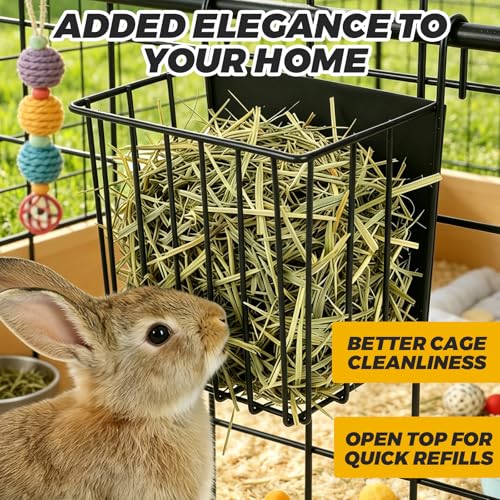 3-Pack Rabbit Hay Feeder, Metal Bunny Hay Rack with Hanging Hooks, Durable Iron Hay Feeder for Rabbit, Guinea Pig & Chinchilla Cages, Black, 6.9" x 4.7" x 6.7"