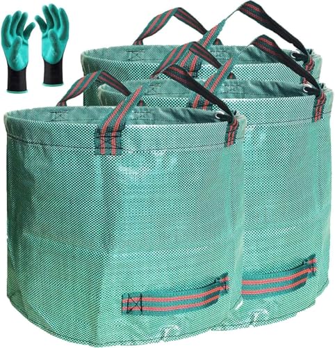 Professional 3-Pack 106 Gallon Large Lawn Garden Bags (D31,H31 inch) Reusable Yard Waste Bags with Gardening Gloves for Big Leaf Bag,Yard Debris,Garden Pruning,Lawn Clippings Bag,Weeds Bag 4 Handles
