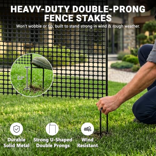 DoCred 3.28' x 82' Plastic Garden Fence Roll with Thicke Stakes, Black | Reusable HDPE Temporary Fence with 15Pcs 3.77FT Posts, Portable Chicken Dog Fence Barrier, Construction Snow Protection - color: Black, size: 39.4in x 82ft-Square Grid