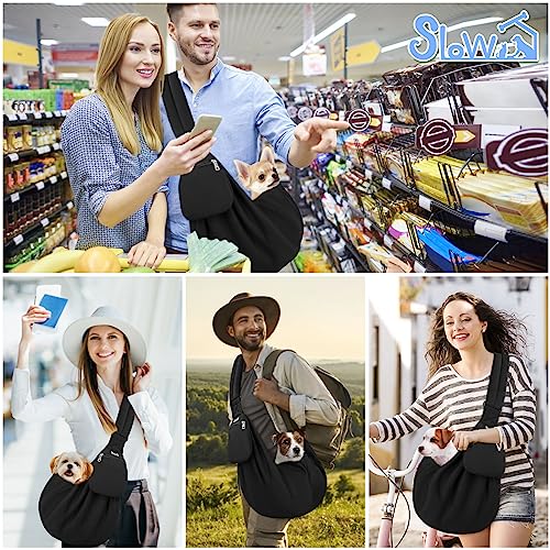 SlowTon Dog Carrier Sling - Thick Padded Shoulder Strap Adjustable, DB, S | Dog Carriers for Small Dogs, Puppy Carrier Purse for Pet Cat with Front Zipper Pocket Safety Belt Machine Washable - color: E-Ink Knitted Fabric