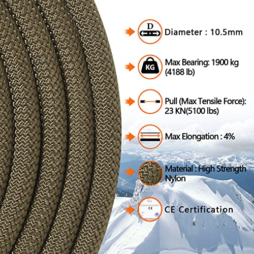 AOLEBA 10.5 mm Static Climbing Rope 10M(32ft) 20M(64ft) 30M(96ft) 50M(160ft) 70M(230ft) Outdoor Rock Climbing Rope, Escape Rope Ice Climbing Equipment Fire Rescue Parachute Rope - color: Brown, size: 96ft