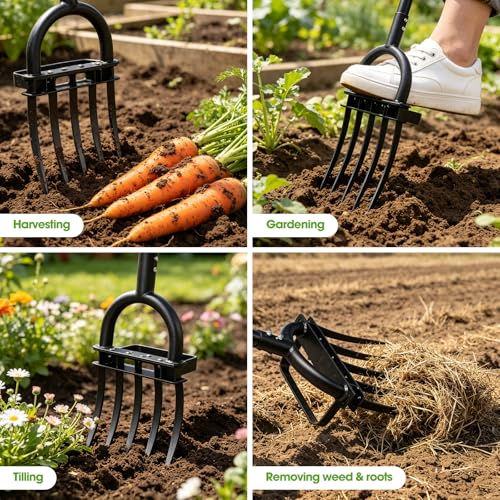 Broad Fork Garden Tool, 50" Heavy Duty Broadfork Hand Tiller with Double 5 Sharp Tines, Garden Pitchfork with Ergonomic D-Shaped Handle, Spading Diggi - size: Broad Fork 50Inch