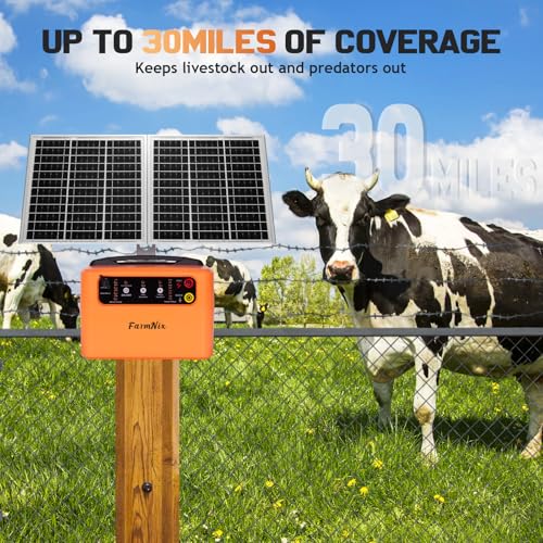 30 Miles Solar Electric Fence Charger, 0.3-1.5J for Livestock Farm | 6-12KV Adjustable Pulse Output,Portable Rechargeable 15W Solar Panel,Solar/AC Power, Waterproof 24/7 Uninterrupted Protection - color: Orange