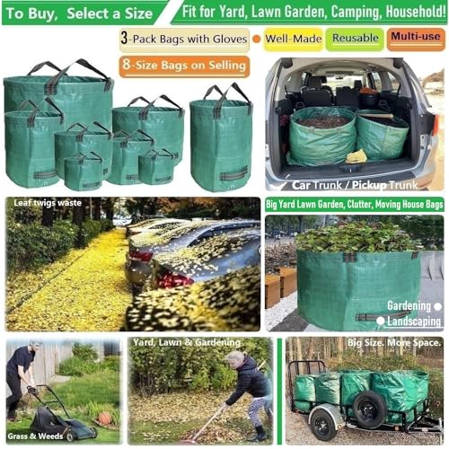 Professional 3-Pack 63 Gallon Lawn Garden Bags Large (D31,H19 inch) Yard Waste Bags W/Gardening Gloves,Standable,Reusable Leaf Bag,Lawn Debris Bin,Garden Trash Container,Plant Trimmings Bag 4 Handles - size: 1 Count (Pack of 3)
