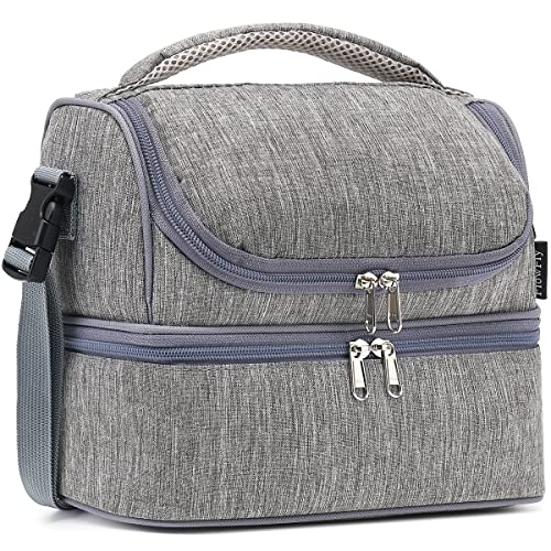 FlowFly Double Decker Cooler Insulated Lunch Bag Large Tote for Boys, Girls, Men, Women, With Adjustable Strap (Grey) - color: Gray