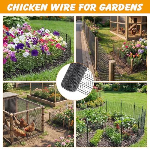 Chicken Wire Fencing Roll 15.7 in x 20 ft, Black Plastic Garden Mesh | HDPE weather-resistant mesh, easy to cut and install, includes 30 zip ties, for gardens, plant protection, pets and coops - color: Black( Plastic)