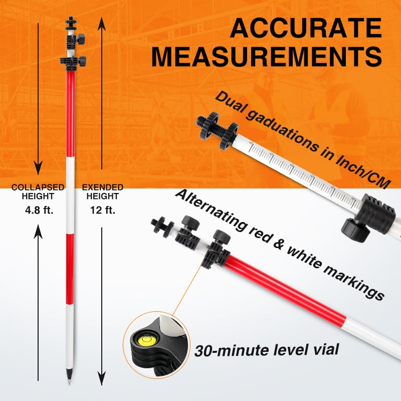 Surveying Aluminum Prism Pole, with Adjustable Adapter and Twist Lock for Land Surveying (11.81 FT/3.6 M) - size: 11.81FT/3.6M