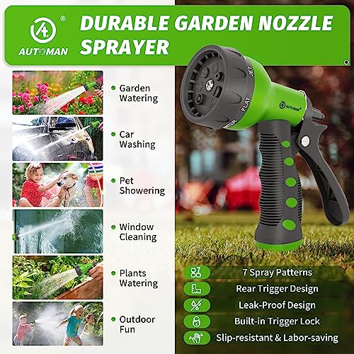 AUTOMAN-Garden-Hose-Nozzle,ABS Water Spray Nozzle with Heavy Duty 7 Adjustable Watering Patterns,Slip Resistant for Watering Plants,Lawn& Garden,Washing Cars,Cleaning,Showering Pets - Green - color: Green
