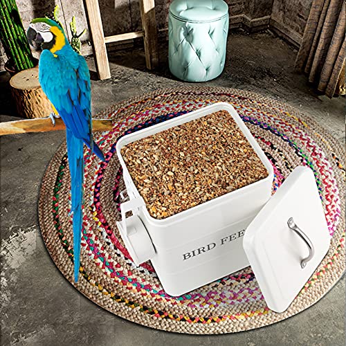 DEAYOU Pet Food Storage Tin with Lid, Metal Bird Seed and Feed Container with Serving Scoop, Treats Storage Canister Bin Can for Dogs, Cats Food, Coated Carbon Steel, Tight Fitting Lid, White, 5-6 Lbs