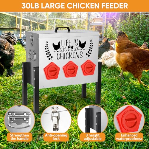‎Tgeyd 30 lb Large Capacity Automatic Chicken Feed Box with 6 Upgraded House-Shaped Flow Ports, Heavy-Duty Outdoor Metal Feeder with Adjustable Height & Locking Lid - color: Cockscomb Red
