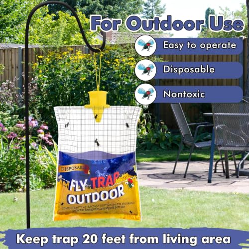 4 Big Fly Bags Outdoor Traps Hanging for Patio - Pre-Baited, Disposable | Fly Catcher Killer Repellent with 4*50g Bait for Outside in Chicken Coop, Horse Barns | Easy to use | Durable | Effective - size: 4 pack