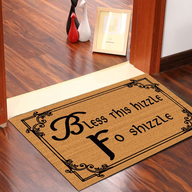 Assaoy Funny Doormat Bless This Hizzle Fo Shizzle Welcome Mat Non-Woven Fabric Top with a Anti-Slip Rubber Back.Door Mat for Entrance Way 23.6 X 15.7 in - color: Welcome