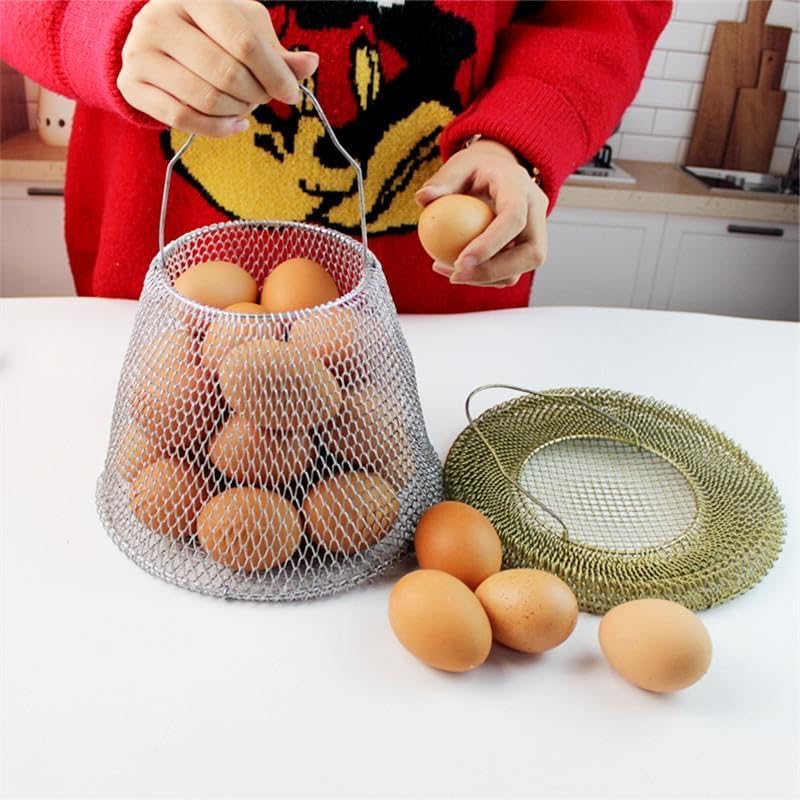 Collapsible Round Egg Basket - Metal Wire Storage with Handles, Perfect for Hanging & Family Farm Gathering - Golden Basket for Chicken Farm, Holds 20-25 eggs