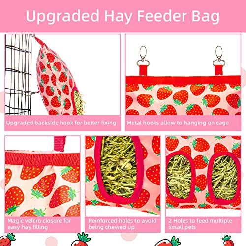 Rabbit Hay Feeder, Hanging Guinea Pig Hay Feeder Bag for Bunny Chinchilla Hamster with Back Hooks, 2 Holes, 9.8x11.4Inch - color: Strawberry