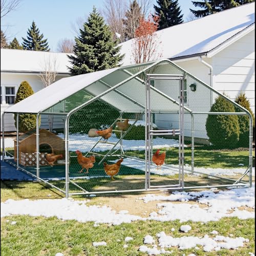 Large Metal Chicken Coop Runs for Yard with Cover, 10x20x6.5 | Perch Bars, Split Doors, Waterproof Covers, Mesh Wire - size: 236.2"L x 118.1"W x 78.7"H