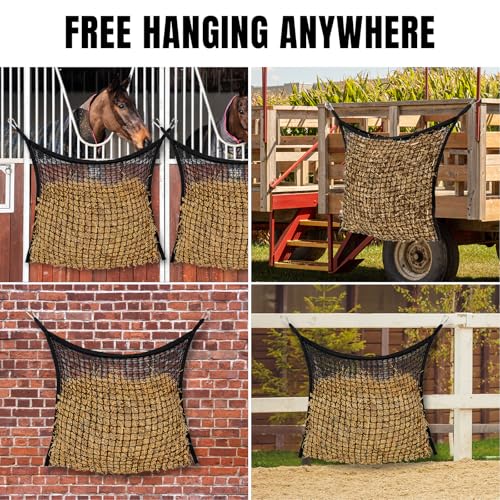 Slow Feed Hay Nets for Horses, Large Capacity Hay Bags, 2 Pack | 35 x 31 in, includes 4 carabiners,black, heavy duty hay feeder for horses and goats, easy to hang in stalls and trailers - size: 2PCS
