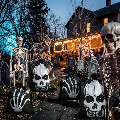 Qilery 6 pack Halloween Skull Leaf Lawn Bags for Outdoor Decorations Plastic Zombie Trash Bags with Skeleton Hand & Twist Ties for Lawn Yard Garden Patio and Party Decor - style: Skull