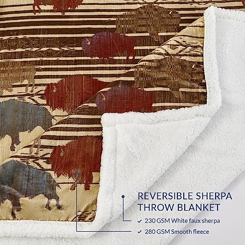 Indigo Hill by HiEnd Accents Home on the Range 54x68 Throw Blanket | Buffalo Bison Print with Aztec Pattern, Western-Style Sherpa Fleece Blanket for the Couch, Sofa, Bed, or Camping - color: Buffalo Bison