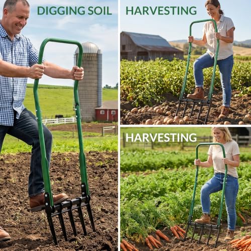 BroadFork Garden Tool, Heavy Duty 5-Tine Broad Fork Hand Tiller, Garden Pitchfork with Ergonomic U-Shaped Handle, Digging Fork for Gardening, Cultivating