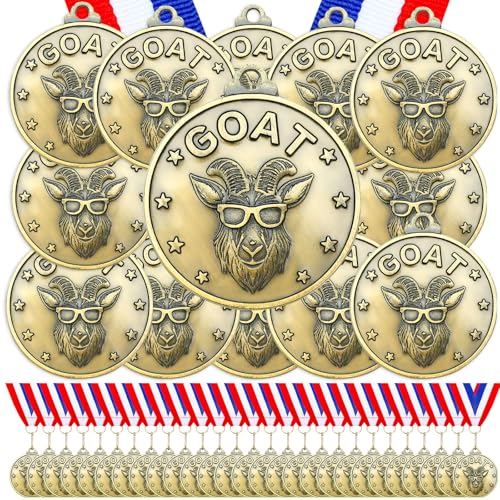 Remuuly 30/60 Pcs Goat Medals Bulk with Neck Ribbon Medals for Awards | 2 Inch, 3D Engraved, All Time Goat Trophy Gold MVP Champion Prize for Team Events, Sports Competitions Awards, Gift for Team