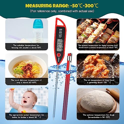 6 Set Digital Food Thermometer Long Probe Instant,Red | Waterproof for Water Liquid Candle, Instant Temperature Read for Kitchen BBQ Grill Candy Meat, Foldable Probe Thermometer - color: Red