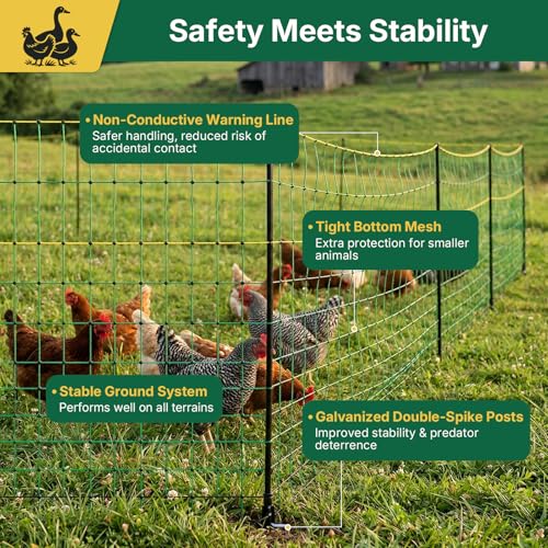 Electric Poultry Netting 47.5" H x 164' L, Portable Electric Chicken Fence for Chickens, Ducks, Geese & Turkey, Anti-Predator Poultry Net Fencing with Double Spike Posts for Backyard, Farm & Homestead - size: 47.5" H x 164' L Poultry