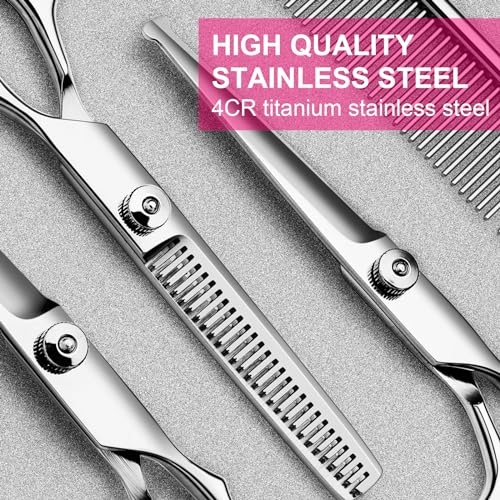 TINMARDA Dog Grooming Kit, Professional Stainless Steel Dog Grooming Scissors with Curved Shears, Pink Finger Rings - 4 Piece Sharp Durable Pet Shears for Dogs Cats At Home Salon-Quality Grooming - color: Pink, size: 4 Piece