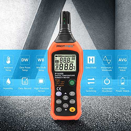 Protmex Digital Temperature Humidity Meter, Thermometer Hygrometer with Ambient Dew Point and Wet Bulb Temperature Indoor and Outdoor, Data Logger with Min/Max Hold, LCD Backlight, PT6508