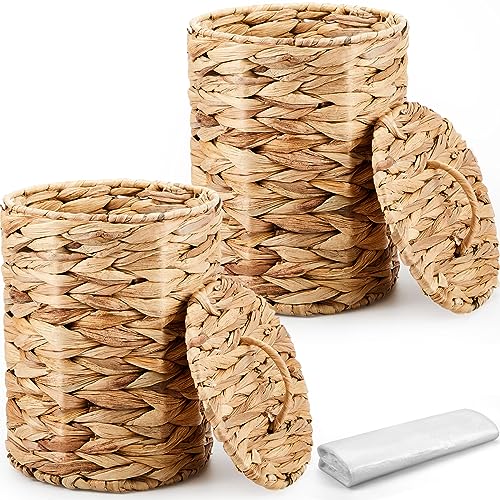 Ctosree 2 Pcs Wicker Trash Can Basket Woven Waste Basket with Lid Bathroom Wastebasket Garbage Bin with 100 Pieces of Trash Bags for Bedroom Farmhouse Home Office Kitchen(Brown, Small) - color: Brown, size: Small