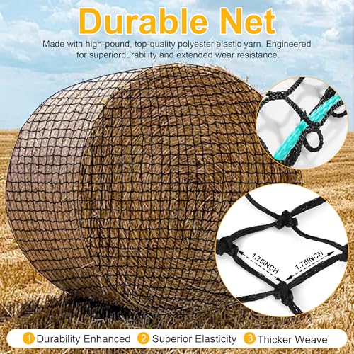 Round Bale Hay Net, 5 * 5ft Feet Slow Feed Hay Net for Horses Livestocks Feeder with 1.75 Inch Holes, Holes Fits Round Bales 4x5, 5x5ft or Square Bales 3x3x8, 4x4x8ft