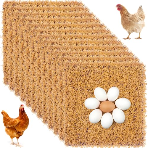 12 Pack Chicken Nesting Pads, 12x12 Inch Artificial Grass Nest Box Liners, Washable & Shed-Resistant Mat with Drain Holes for Hen Laying Eggs, Coop Bedding Accessories