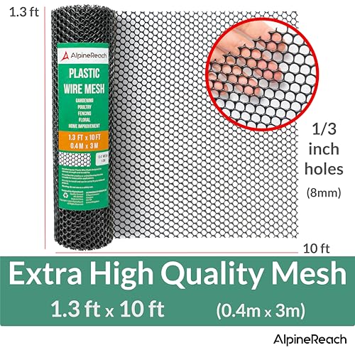 AlpineReach Plastic Chicken Wire Fencing Mesh 1.3ft x 10ft Roll with Zip Ties - Ideal for Poultry, Dogs, Rabbit Barrier & Gardening, Durable UV Resistant, Versatile Rigid Fence, Black (15.7" x 120") - size: 1.3ft x 10ft