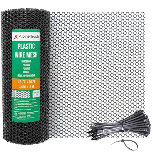 AlpineReach Plastic Chicken Wire Fencing Mesh 1.3ft x 30ft Roll with Zip Ties - Ideal for Poultry, Dogs, Rabbit Barrier & Gardening, Durable UV Resistant, Versatile Rigid Fence, Black (15.7" x 360") - size: 1.3ft x 30ft