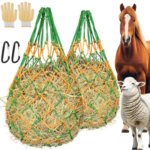 2Pcs Hay Bags for Horses, 40" Hay Nets for Horses with 2 Hooks & 2 Gloves, Durable Hanging Hay Feeder Net for Goat Horse, Strong Load-Bearing Slow Feed Hay Net for Horse Trailer