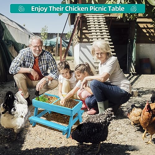 Chicken Picnic Table, Chicken Feeder No Waste Handmade Wooden, Large DIY Chicken Feeder Kit, Wild Bird, Duck & Squirrel Feeders, Mesh Bottom Keep Food Fresh and Dry Easy to Clean and Fill（Blue Paint） - color: Blue Solid Wood