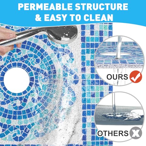 Square Shower Mat Non Slip: 36 x 36 Inch Extra Large Shower Mats with Drain Hole in Middle - PVC Loofah Anti Slip Shower Floor Matt for Inside Shower - color: Blue Mosaic, size: 36" x 36" (Square)