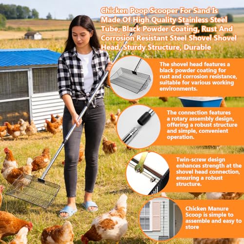 Chicken Poop Scooper for Sand, 15-Inch Large Adjustable Metal Chicken Manure Scoop, Chicken Coop Scooper for Sand Suitable for Chicken Coops, Rabbit Coops, Stables, Gardens, Beaches - size: 3.9"L x 15.0"W x 66.5"H