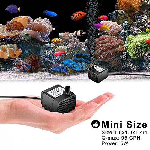 PULACO 95GPH 5W Mini Water Pump with 3.3 ft Tubing | Submersible Pump for Aquarium Fish Tank, Indoor and outdoor fountain, Pet fountain, Long service life