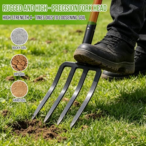 4-Tine Garden Pitch Fork, 44-Inch Heavy Duty Digging Fork for Soil Loosening, Compost Turning & Mulch Moving – Ergonomic Fiberglass Handle Garden Fork - size: One Piece Fork 42.5Inch