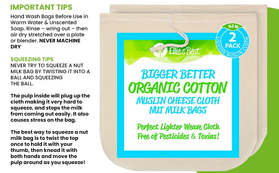 Organic Cotton EZ-2-Squeeze Nut Milk Bags - 2pk -14" x14" Reusable All Purpose Food Strainer Bag- Light Strong Muslin Mesh Cheesecloth - color: New Lightweight Unbleached Muslin Cheesecloth, size: 13 x13 inches
